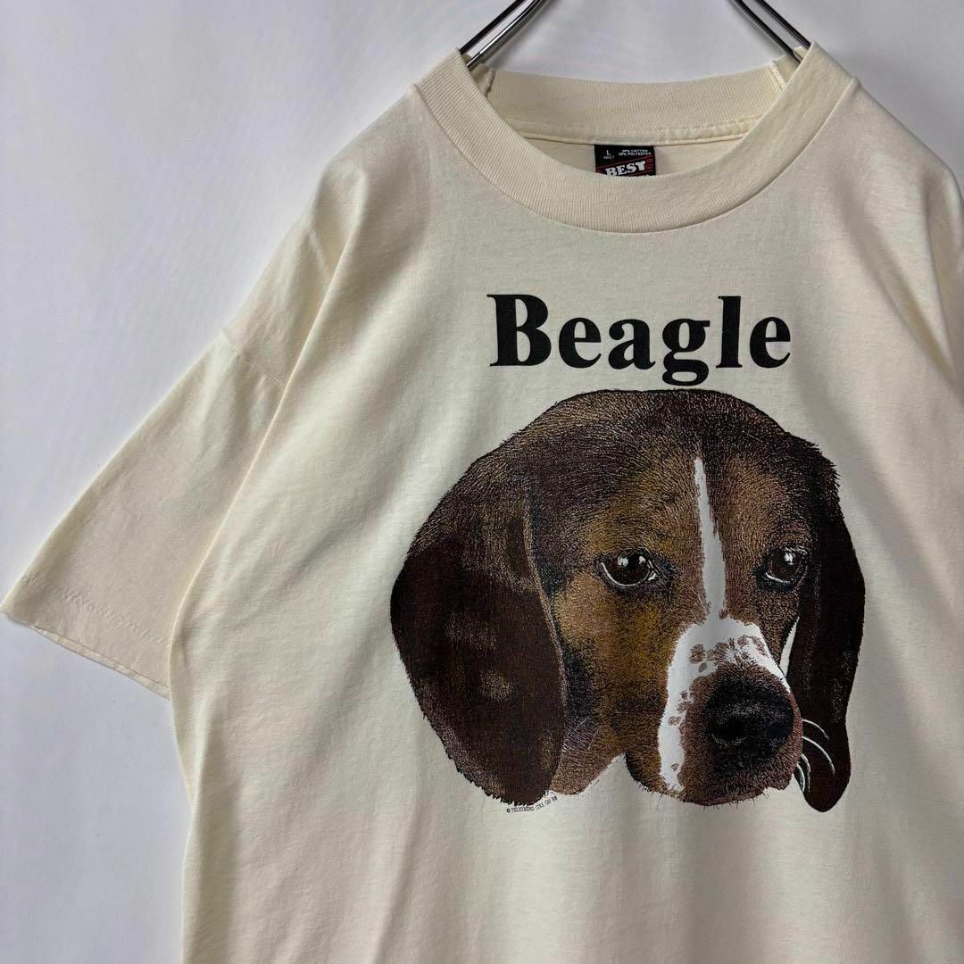 USA製 ドッグTシャツ アニマルプリント ビーグル Lサイズ 古着 アイボリー シングルステッチ拍卖