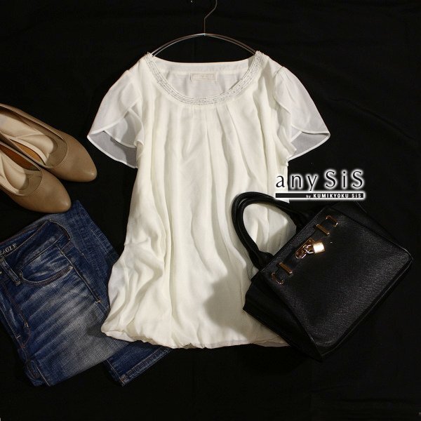 美品 any SiS エニィシィス 綺麗めパールビーズ付き 同色点ドット柄 シフォン カットソー 2号 M 春 夏 25A06拍卖