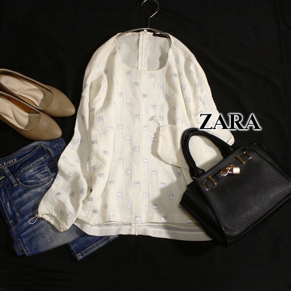 美品 ザラ ベーシック ZARA BASIC 可愛いバックファスナー ジョーゼット切り替え ストレッチ カットソー XS 春 夏 25A06拍卖