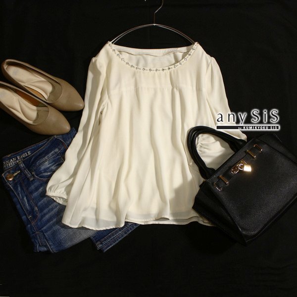 美品 any SiS エニィシィス ビーズ・ラインストーン付き ジョーゼット生地 カットソー 1号 S 春 夏 25C06拍卖