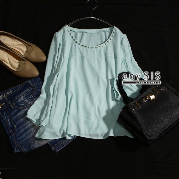 美品 any SiS エニィシィス 綺麗め ビーズ・ラインストーン ジョーゼット生地 カットソー 1号 S 春 夏 25C06拍卖