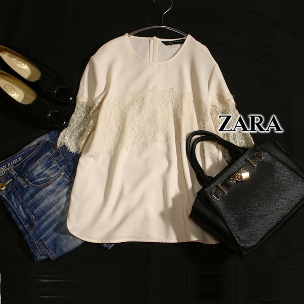 美品 ザラ ウーマン ZARA WOMAN レース切り替え シボ生地 カットソー S 春 夏 25C06拍卖