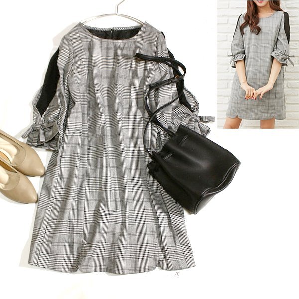 未使用 イング allamanda アラマンダ 袖シフォン使い グレンチェック柄 サックワンピース 38号 M 春 秋 25C06拍卖