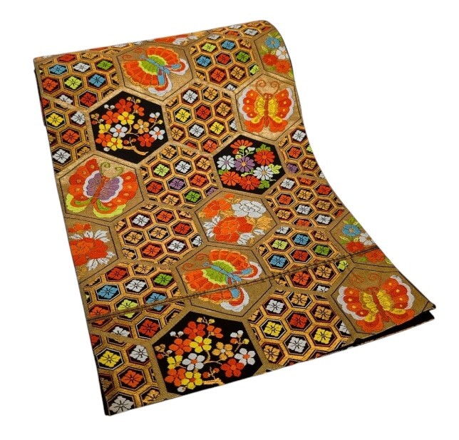 袋帯 帯 和装用 和服用 着物用 刺繍 絢爛 鮮やか 金 艶やか ゴールド ブラック 黒 花柄 蝶々 レディース 【中古】拍卖