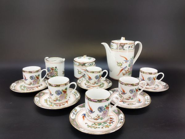 S/ 中国茶器 中国廣彩 色絵金彩花鳥文 ティーセット カップ&ソーサー 6客 ティーポット シュガーポット 他 まとめて / NY-2179拍卖