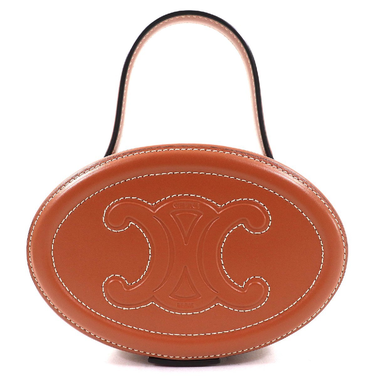 極美品△CELINE セリーヌ 198613 オーバル ミノディエール キュイル トリオンフ スムースカーフスキン レザー ハンドバッグ タン 伊製拍卖