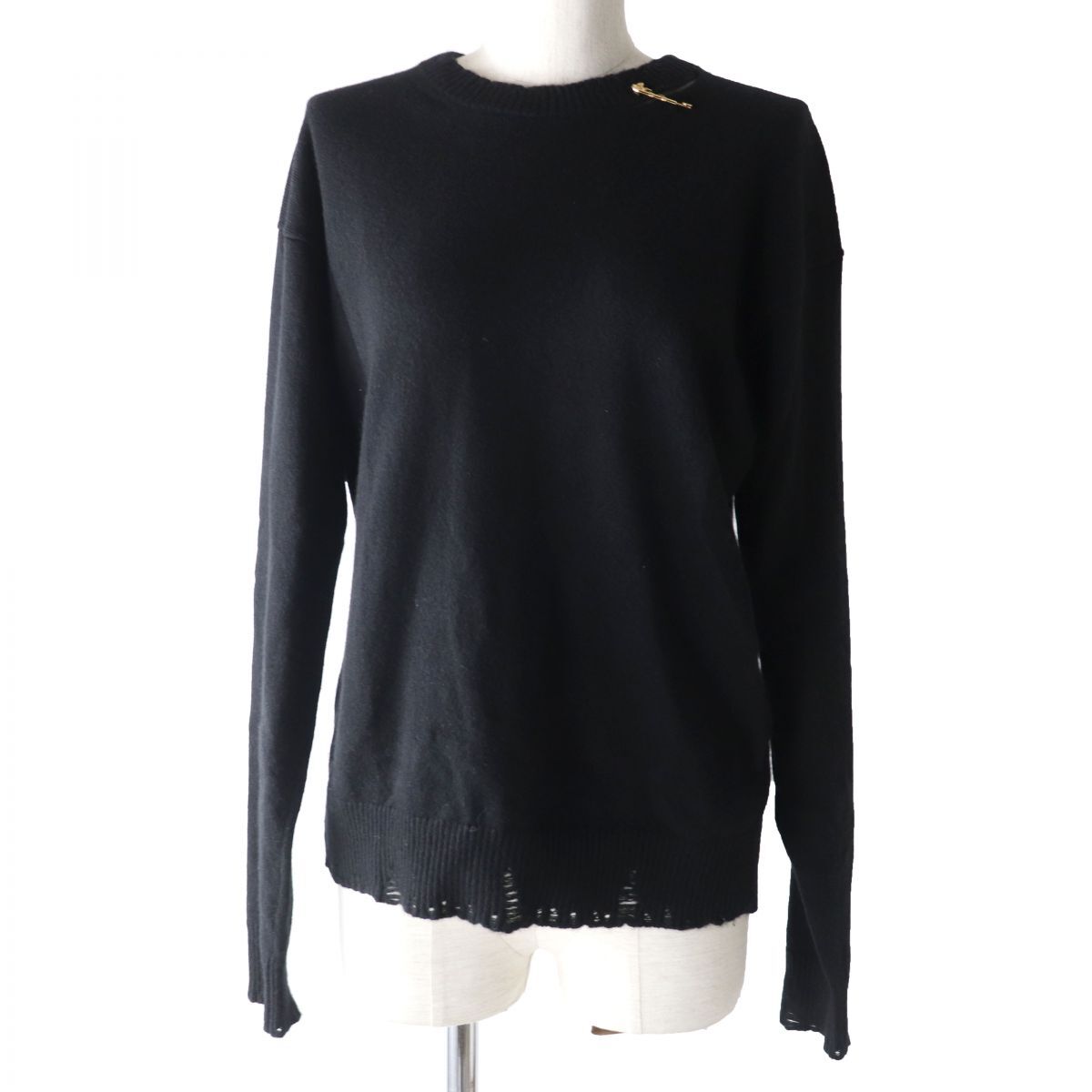 美品☆正規品 VERSACE ヴェルサーチ 20年 A86874 メデューサピン付き ダメージ加工 長袖 カシミヤ ニット トップス ブラック 38 伊製拍卖