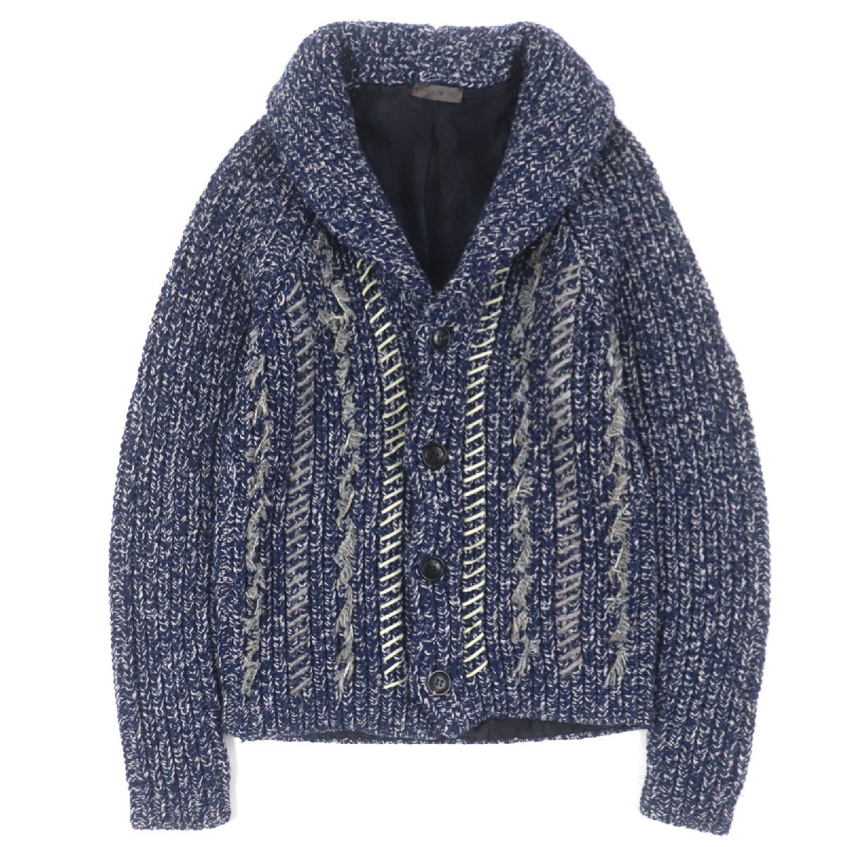 美品▼ETRO エトロ ウール100% 裏地シルク100% ロゴ入りボタン Vネック レザー使い ケーブルニット ジャケット ネイビー S 正規品 メンズ拍卖