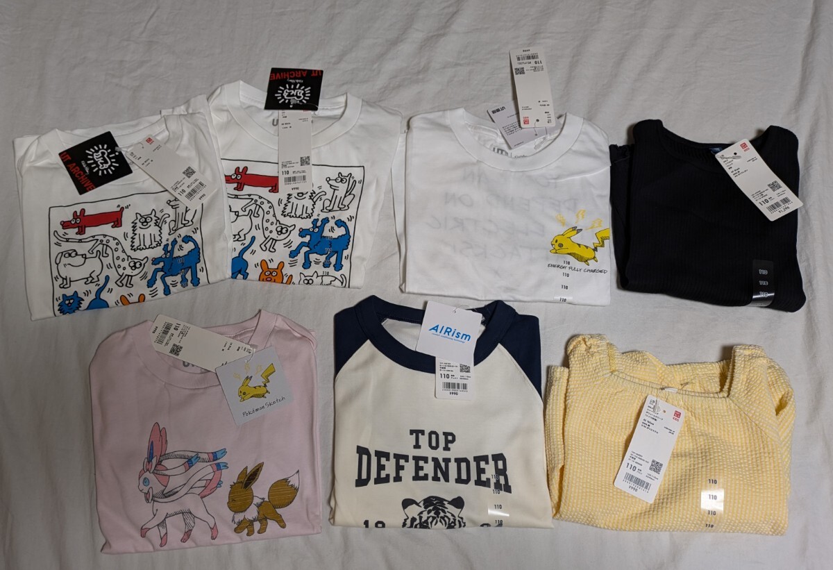 4128送料500円 新品 未使用 ユニクロ UNIQLO 子供服 110サイズ 7着セット キッズ 女の子 Tシャツ エアリズム まとめ 半袖 長袖 トップス拍卖