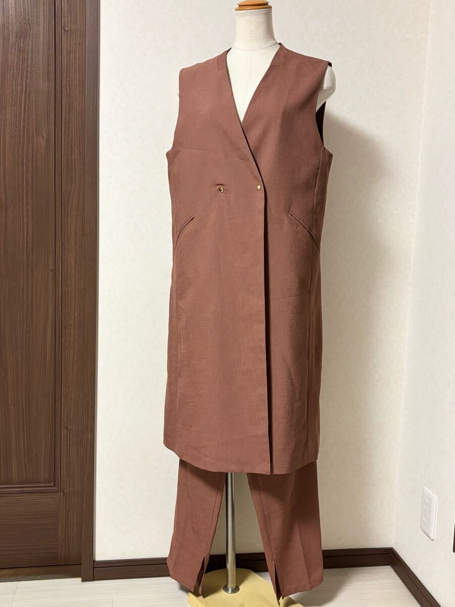 ● LEPSIM レプシィム セットアップ 上下 ノースリーブベストジャケット パンツ ボトムス F フリーサイズ Mサイズ オレンジベージュ スーツ拍卖