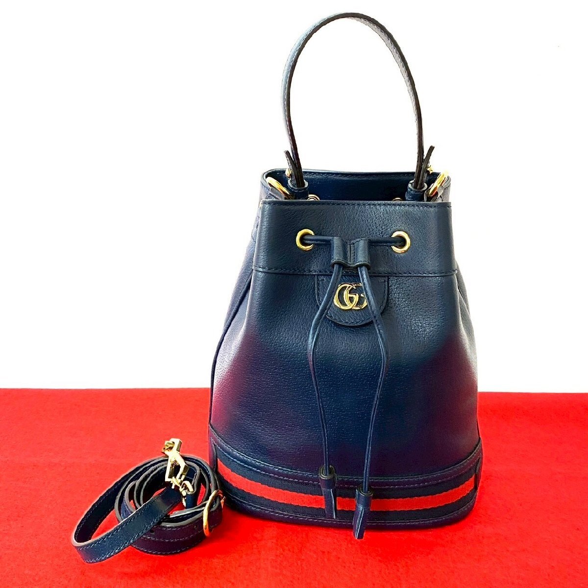 極 美品 GUCCI グッチ オフィディア スモールバケット シェリーライン GG ロゴ 金具 レザー 2way ショルダーバッグ ハンドバック 紺 37026拍卖
