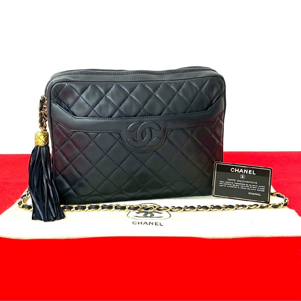 極 美品 袋付 カード シール有 2番台 CHANEL シャネル マトラッセ ココ タッセル ラムスキン チェーン ショルダーバッグ ネイビー 44-10拍卖