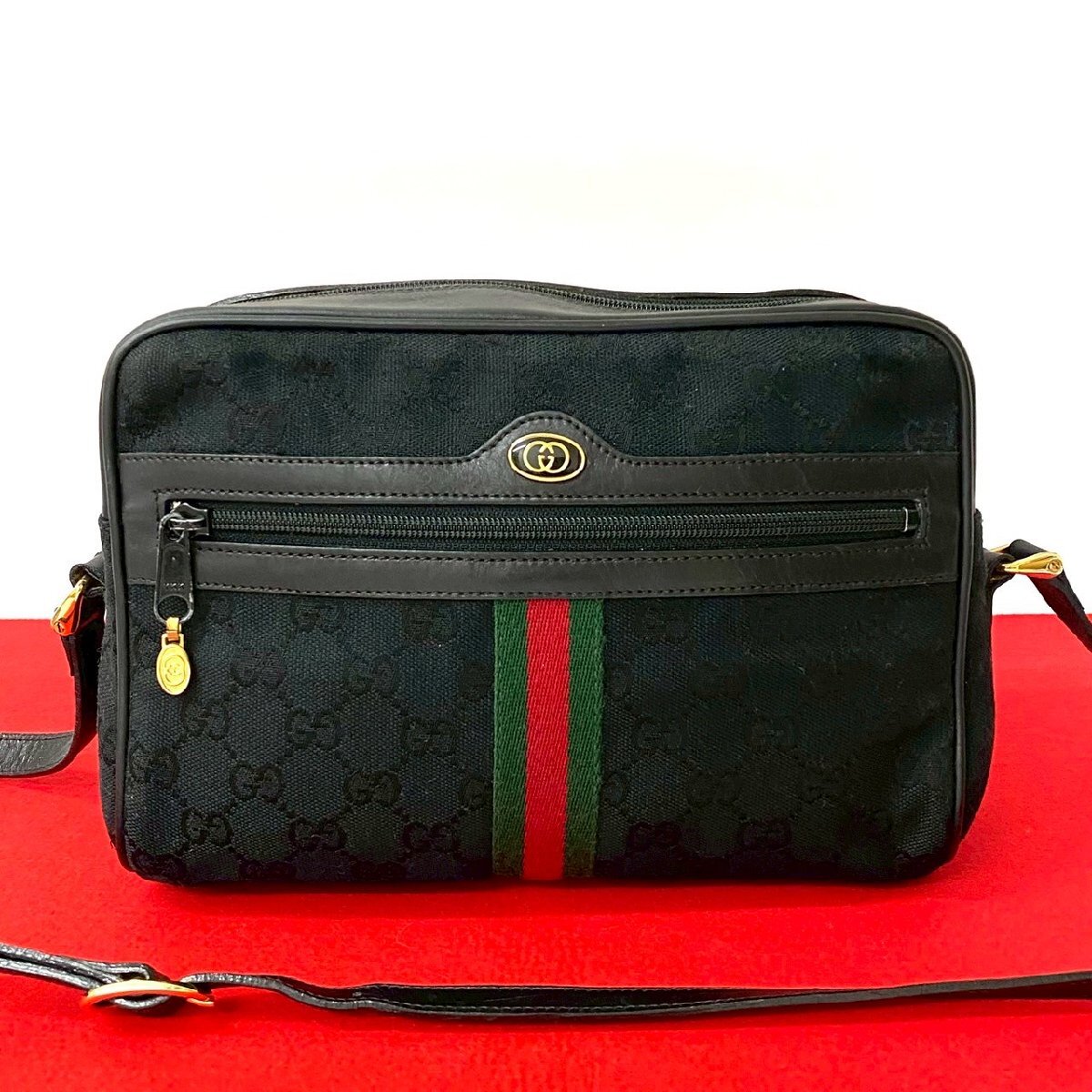 極 美品 GUCCI グッチ オールドグッチ ヴィンテージ シェリーライン GG ロゴ 金具 キャンバス レザー ショルダーバッグ ブラック 15-10拍卖