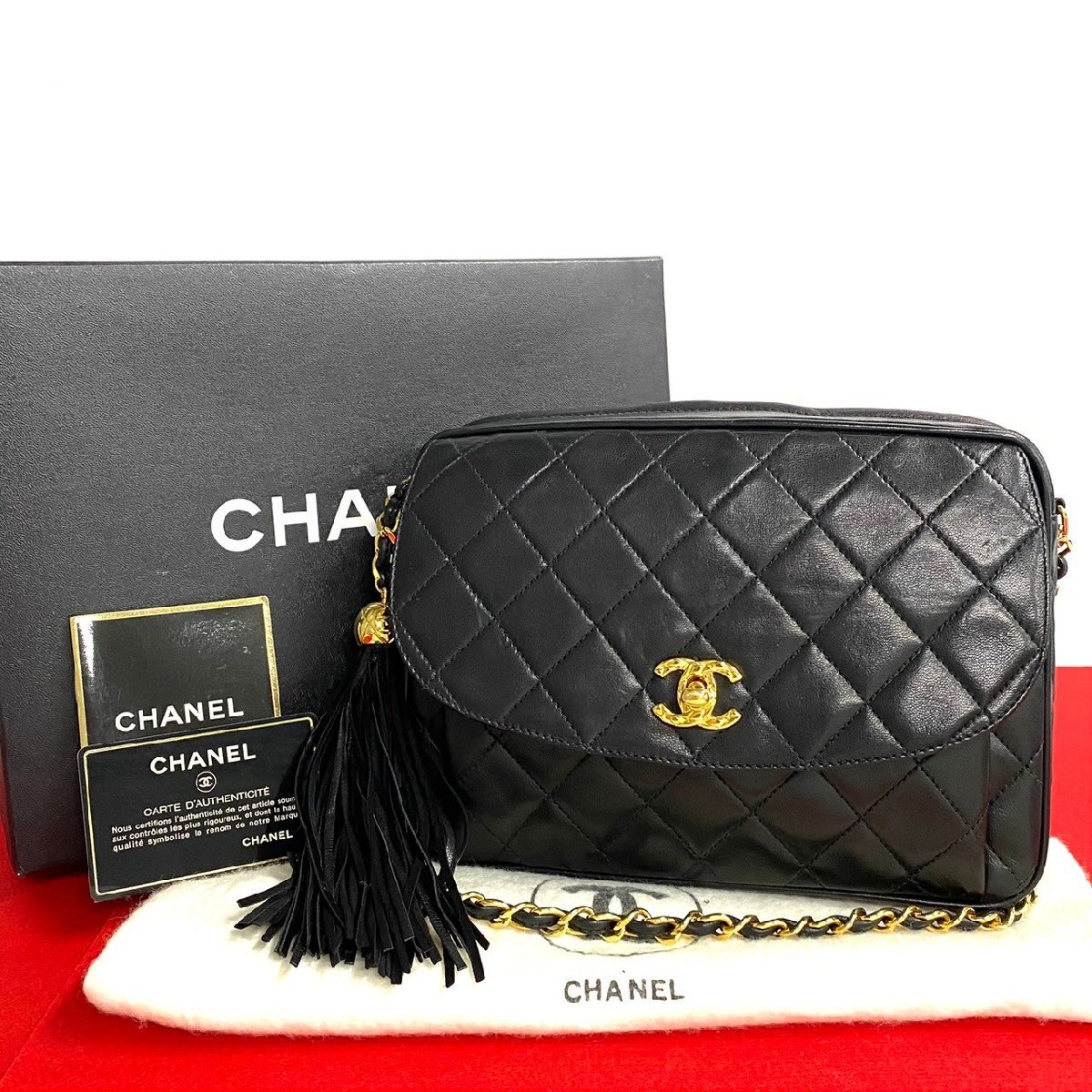 極 美品 カード シール有 袋 箱付 2番台 CHANEL シャネル マトラッセ ココマーク フリンジ ラムスキン チェーン ショルダーバッグ 黒 53080拍卖