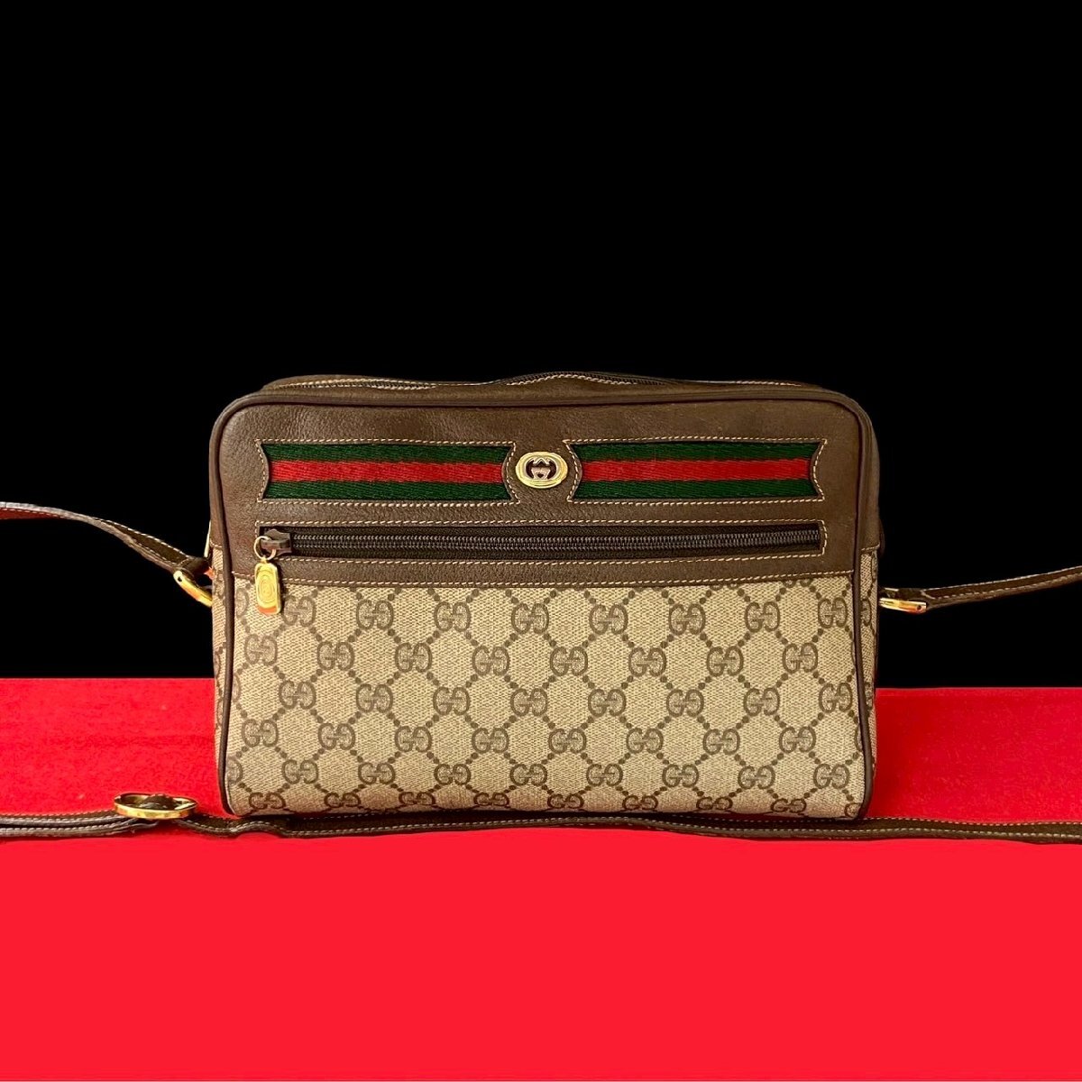 極 美品 GUCCI グッチ オールドグッチ ヴィンテージ シェリーライン GG ロゴ 金具 レザー ショルダーバッグ ポシェット ブラウン 29237拍卖
