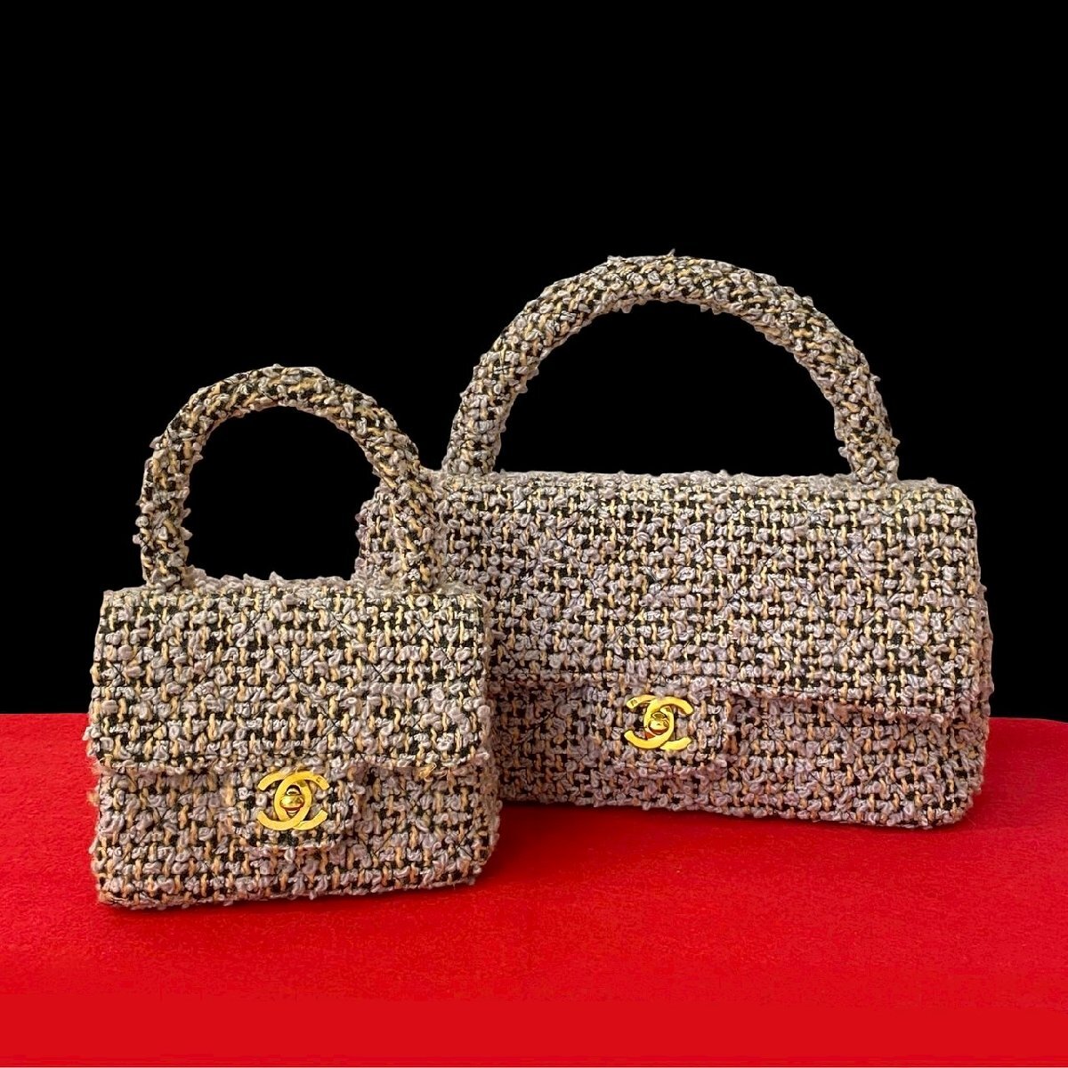 極 美品 希少品 シール有り 3番台 CHANEL シャネル ヴィンテージ ココ 親子バッグ レザー 本革 ツイード ミニ ハンドバッグ ピンク 40955拍卖