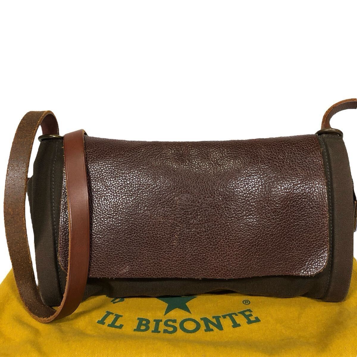 【イルビゾンテ】本物 IL BISONTE ショルダーバッグ 斜め掛け ポシェット 茶色 レザー×キャンバス メンズ レディース イタリア製 保存袋付拍卖