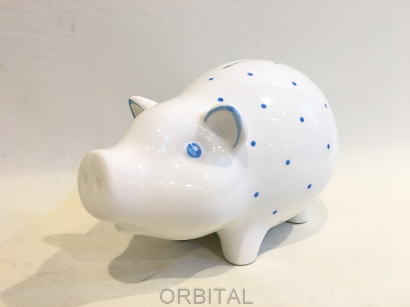 二子玉) Tiffany & Co ティファニー ドット柄 ピギーバンク piggy bank 貯金箱 豚 ホワイト×ブルー イタリア製拍卖