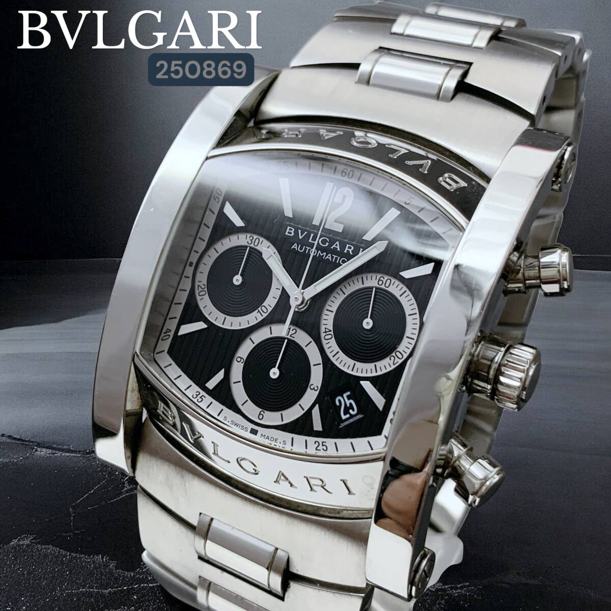 美品 BVLGARI/ブルガリ アショーマ AA48SCH クロノグラフ デイト 自動巻き ブラック AT メンズ腕時計 黒 正規品拍卖