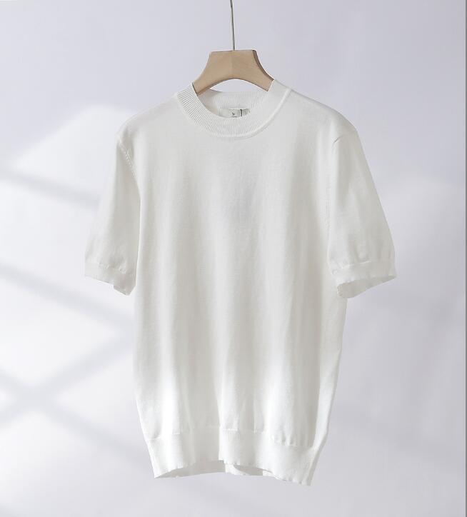 人気品XL新品 テンセル混 サマーニット メンズ ストレッチ 半袖Tシャツ 夏薄手涼感 無地 柔らかい クルーネック ニットTシャツ/ホワイト拍卖