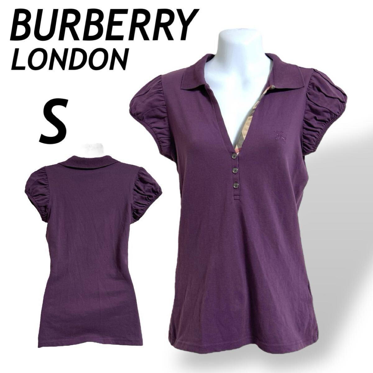 BURBERRY LONDON バーバリーロンドン レディース 半袖カットソー S ポロシャツ フレンチパフ チェック 刺繍ロゴ パープル系 (F06)★拍卖