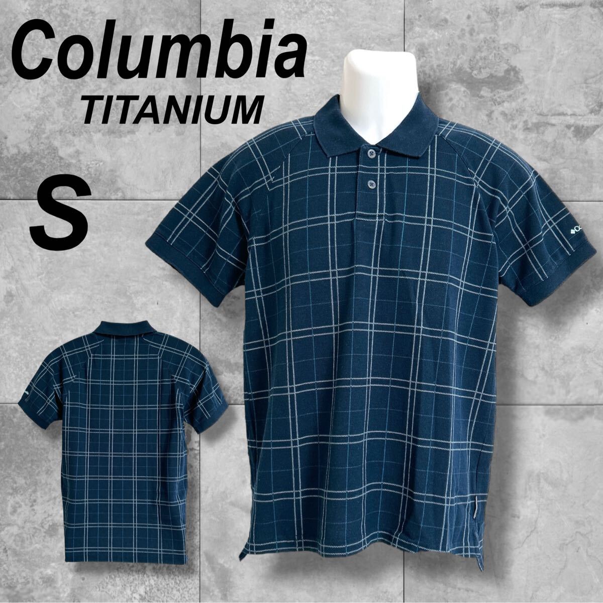 Columbia コロンビア メンズ 半袖ポロシャツ S 刺繍ロゴ TITANIUM チタニウム pm6890: アウトドア チェック柄 ブルー系 (F035)★拍卖