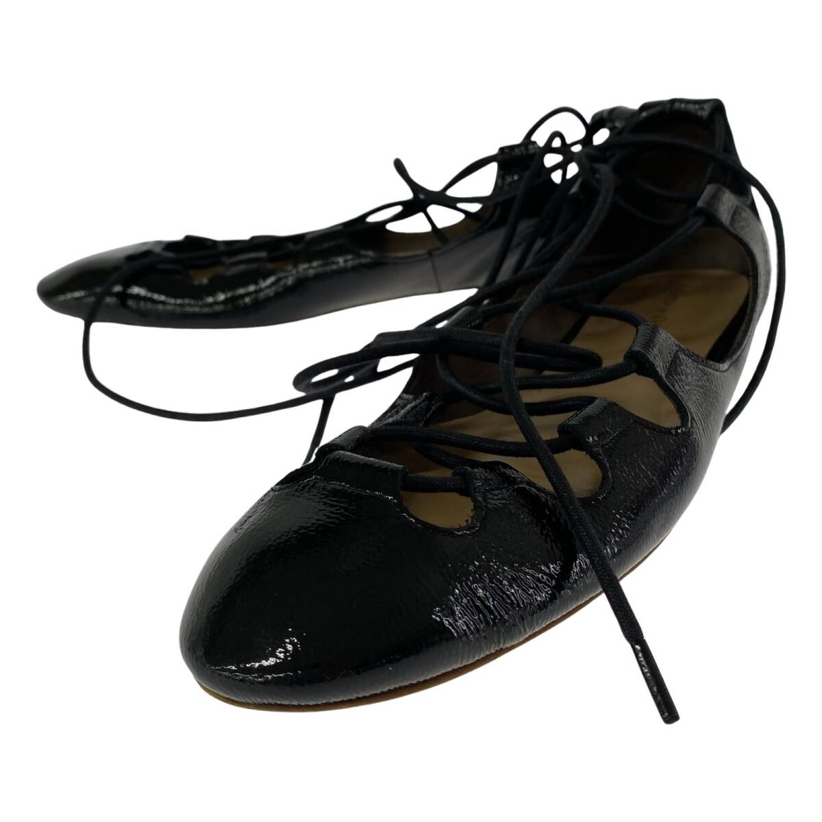 Odette e Odile オデット エ オディール エナメル レースアップ フラット パンプス size25cm/ブラック拍卖