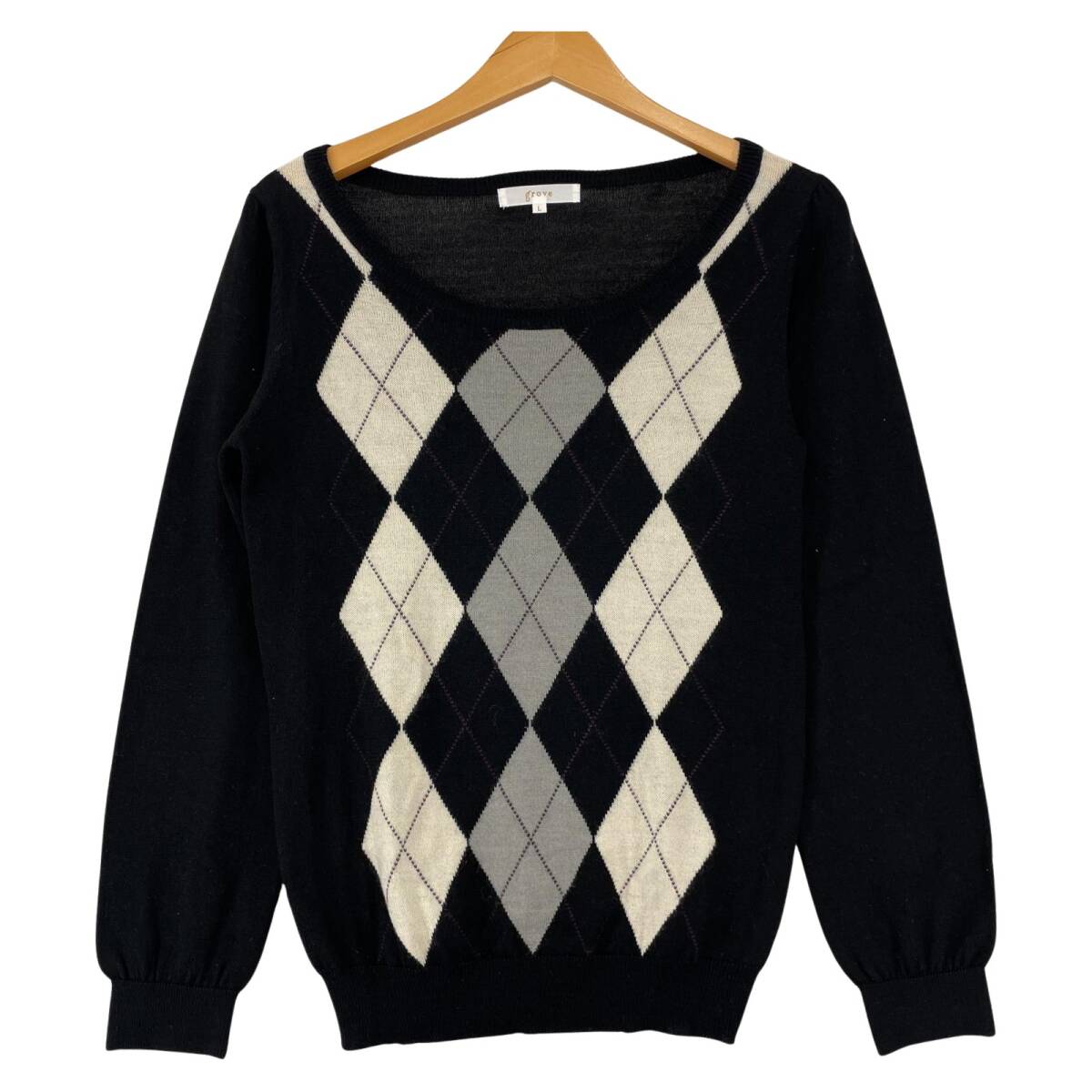 grove グローブ アーガイル柄 ニット sizeL/ブラック ゆうパケットOK拍卖