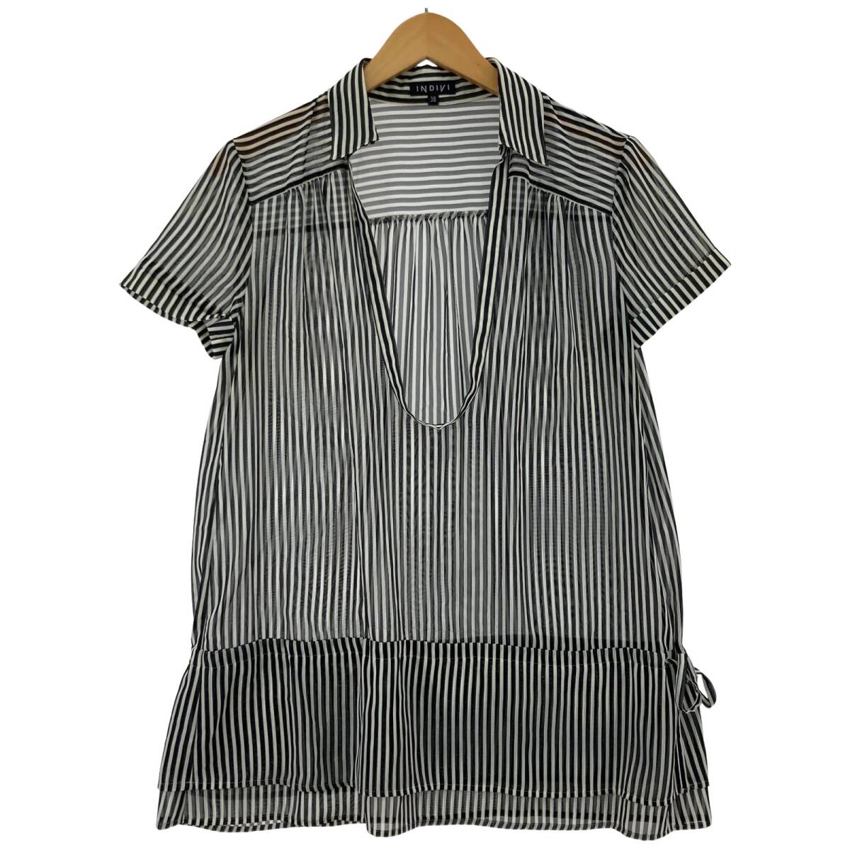 INDIVI インディヴィ ストライプ シアー チュニック size38/ブラック系 ゆうパケットOK拍卖