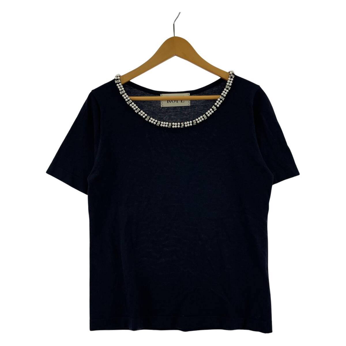 ROPE' ロペ パールデザイン 半袖 ニット sizeEX-2/ネイビー ゆうパケットOK拍卖
