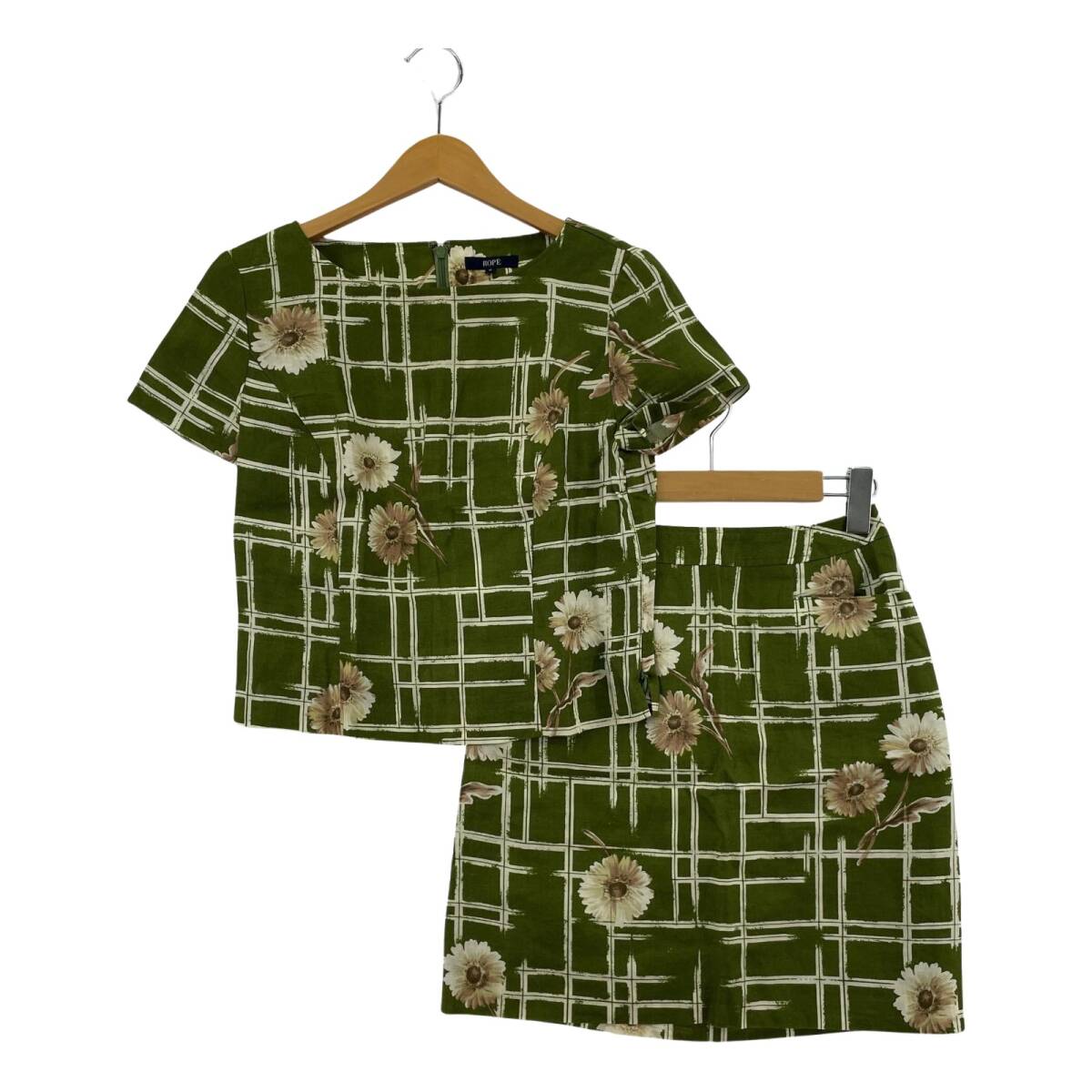 ROPE' ロペ 総柄 リネン セットアップ (スカート) size上M 下63-90/モスグリーン ゆうパケットOK拍卖