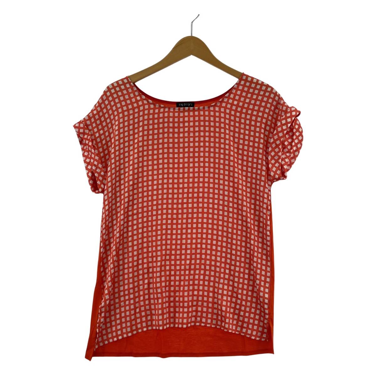 INDIVI インディヴィ チェック 切替 カットソー size38/オレンジ系 ゆうパケットOK拍卖