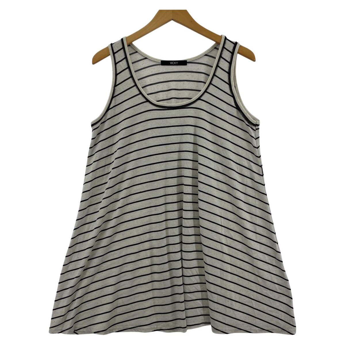 VICKY ビッキー ボーダー ノースリーブ チュニック size2/ベージュ系×ブラック ゆうパケットOK拍卖