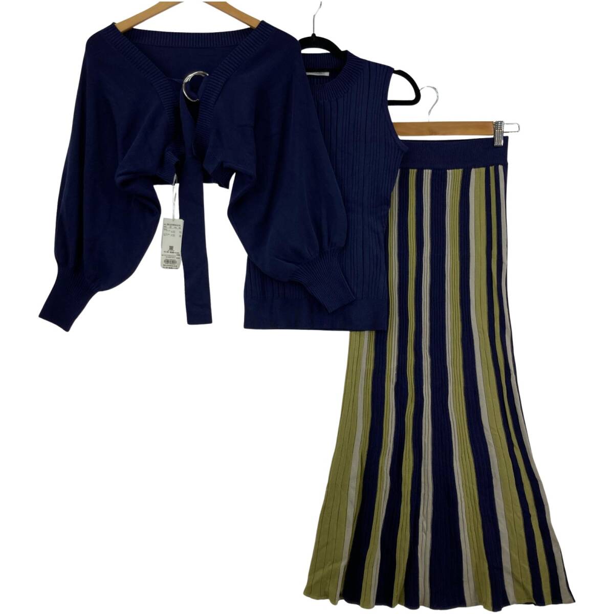 美品 REDYAZEL レディアゼル タグ付き ノースリーブ カーディガン セットアップ (スカート) size全てF/ネイビー×グリーン系拍卖