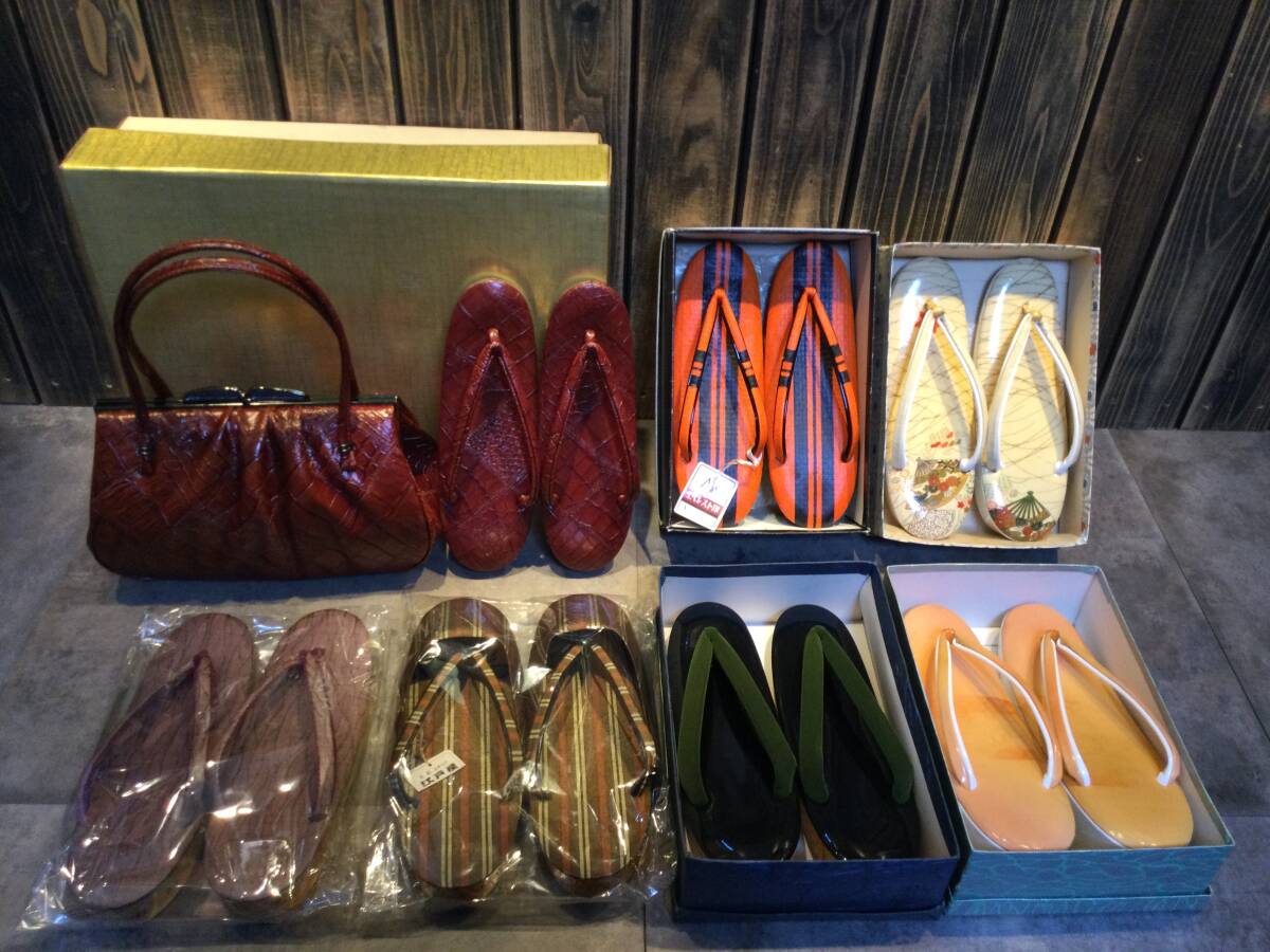 新品・未使用 草履・下駄・雪踏・バッグ 8点セット 和装履物 草履 下駄 履物 和装小物 和装バッグ 和服 着物用 保管品拍卖