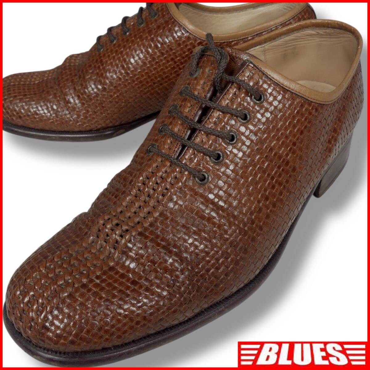 即決★Expensive★25cm レザー レースアップ シューズ エクスペンシブ メンズ 茶 編み込み イントレチャート 本革 本皮 革靴拍卖