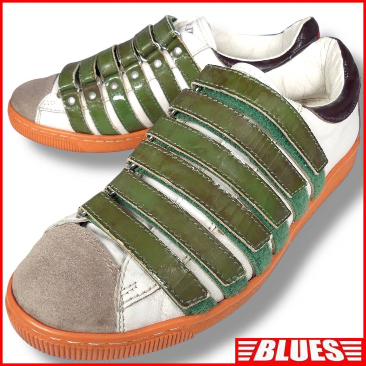 即決★DSQUARED2★26.5cm レザースニーカー ディースクエアード イタリア製 メンズ 42 白 緑 本革 皮 スニーカー 革靴 レザーベルクロ拍卖