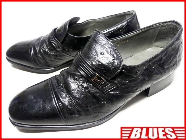 即決★LANVING★25cm レザーバンプローファー ランバン メンズ 黒 ブラック 本革 ビジネス 本皮 ドレス 革靴 ヒール オーストリッチ型押し拍卖