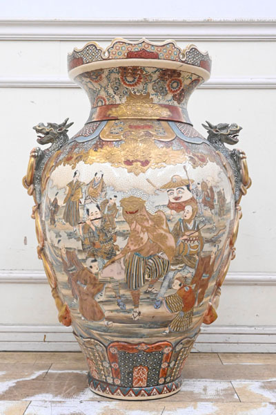 KD24 マニア収集品 万博出品?購入? 時代物 大型 特大 龍 飾り壺 飾り壷 金襴手 大花瓶 色絵 フラワーベース拍卖