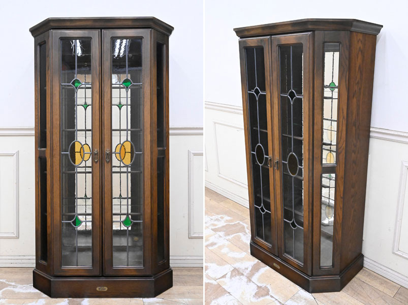 FD22 アンティーク調 ブライトン 英国調 オーク材 ステンドグラス ステンドガラス 飾棚 コレクションケース リビングボードキュリオケース拍卖