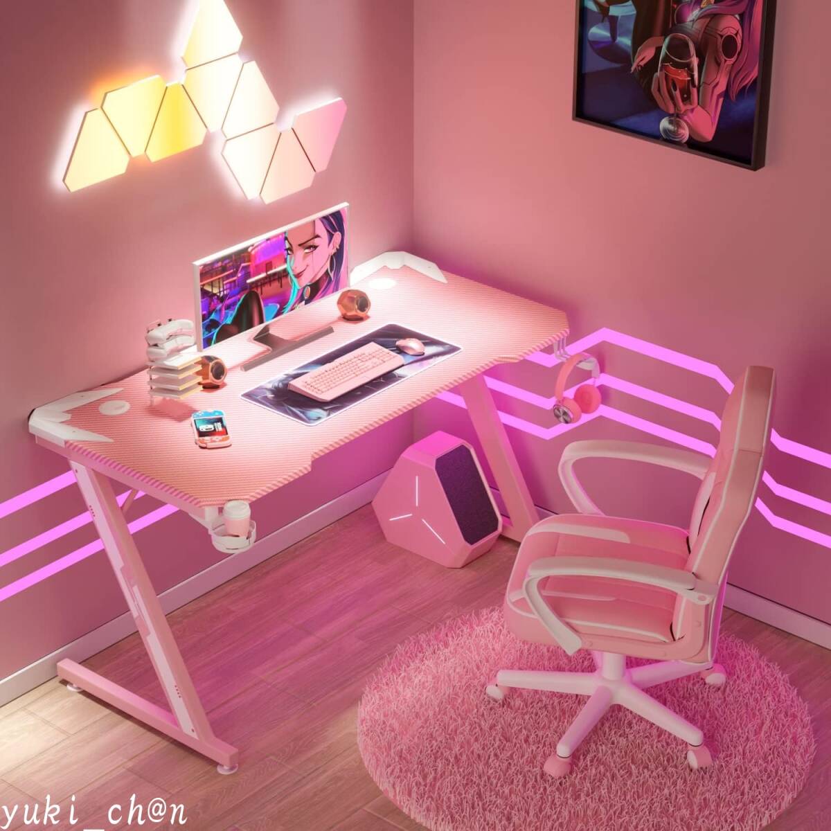 ゲーミングデスク ピンク パソコンデスク Z字脚 PCデスク ゲームデスク オフィスデスク 炭素繊維天板 カップホルダー ヘッドフォンフック拍卖