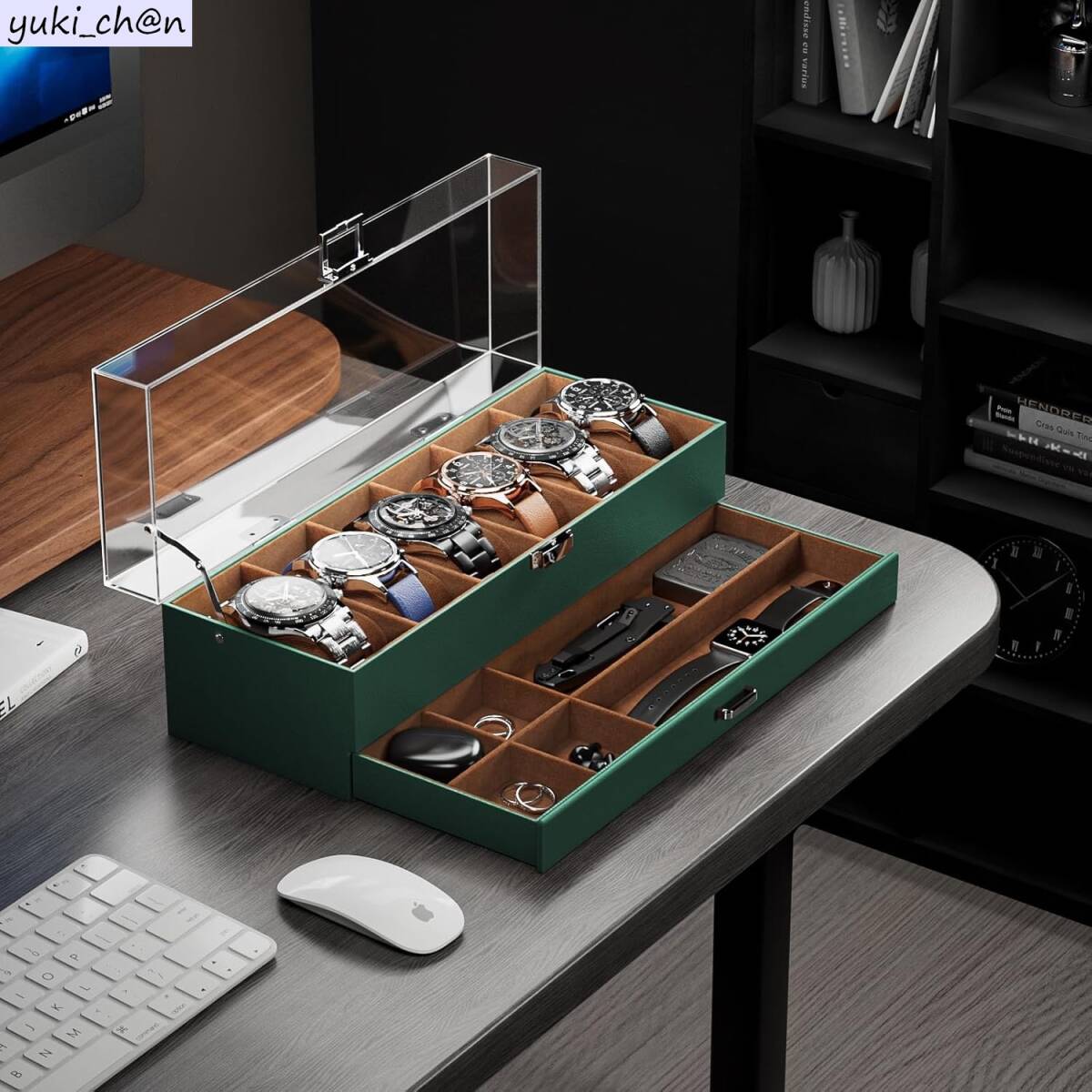 腕時計ケース 6本用 ミッドナイトグリーン PUレザー ウオッチボックス アクセサリー収納 ガラス天板 ディスプレイケース 小物拍卖