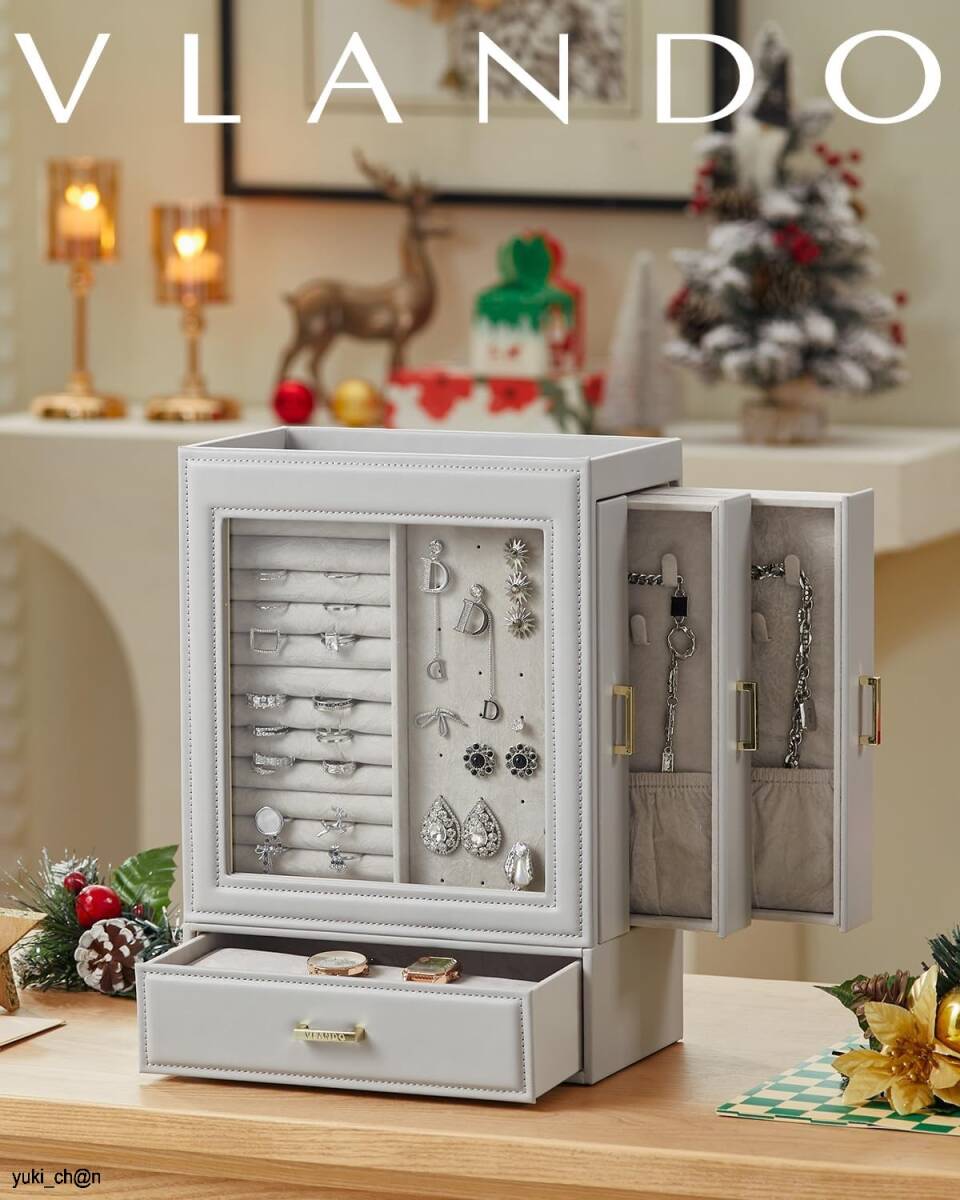 ジュエリーオーガナイザー グレー ガラス窓付きジュエリーボックス ネックレス イヤリング リング ブレスレット ジュエリー収納ケース拍卖