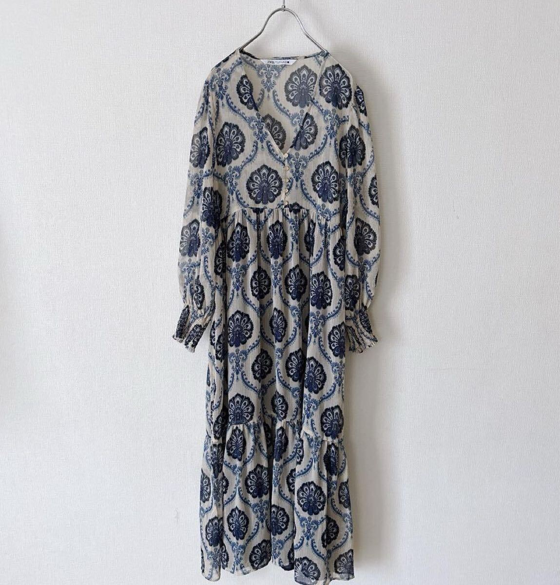 ZARA 総柄 シフォン ロング ワンピース ティアード マキシ ザラ モロッカン エスニック拍卖