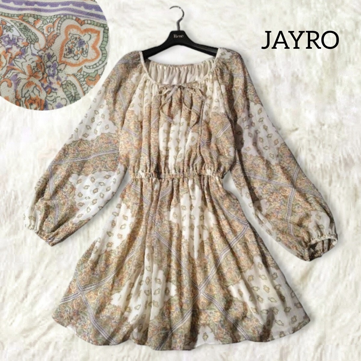 70 【JAYRO】 ジャイロ 総柄 チュニック ワンピース M ホワイト スカーフ柄 花柄 長袖 シアースリーブ 透け感 フレア リボン レディース拍卖