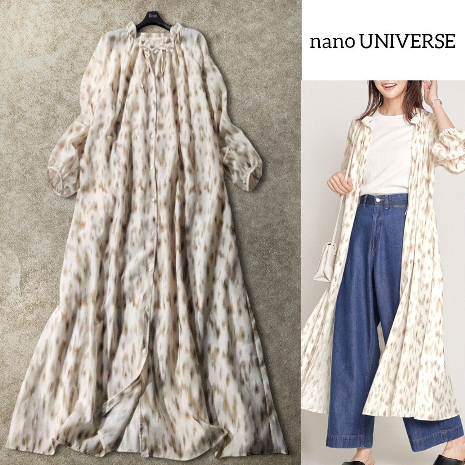 57 【美品】 nano UNIVERSE ナノユニバース 総柄 シャツワンピース ロングワンピース 36 S ベージュ 長袖 シアー ゆったり 羽織り 拍卖