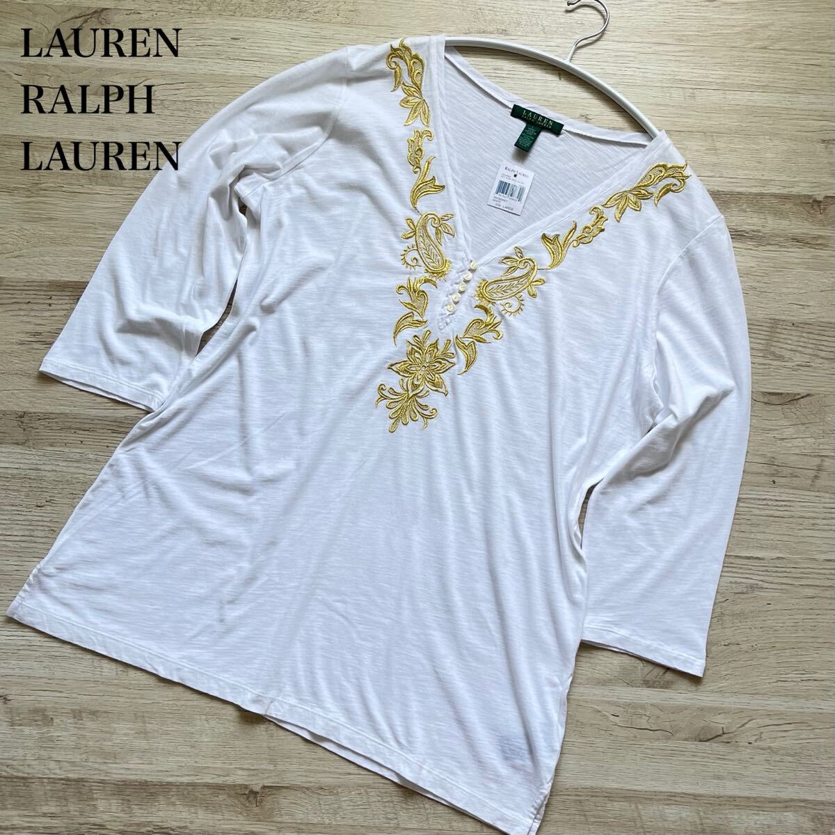 LAUREN RALPH LAUREN ラルフローレン ゴールド刺繍 Vネック トップス カットソー 七分袖 チュニック 薄手 Tシャツ タグ付拍卖