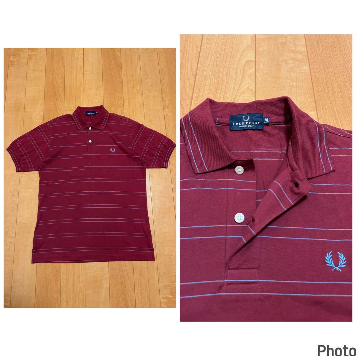 着用少な目.美品☆FRED PERRY/フレッドペリー メンズオーバーサイズM大き目 半袖ボーダー柄.ポロシャツ ロゴ刺繍入・襟&袖口リブライン入拍卖