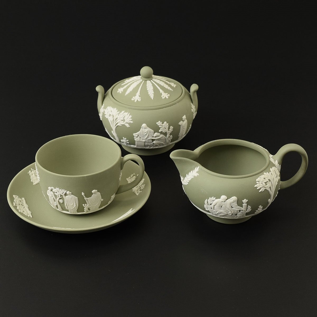 ◎517170 WEDGWOOD ウェッジウッド ジャスパー セージグリーン ダンシングアワー シュガーポット・クリーマー・カップ&ソーサー SET拍卖