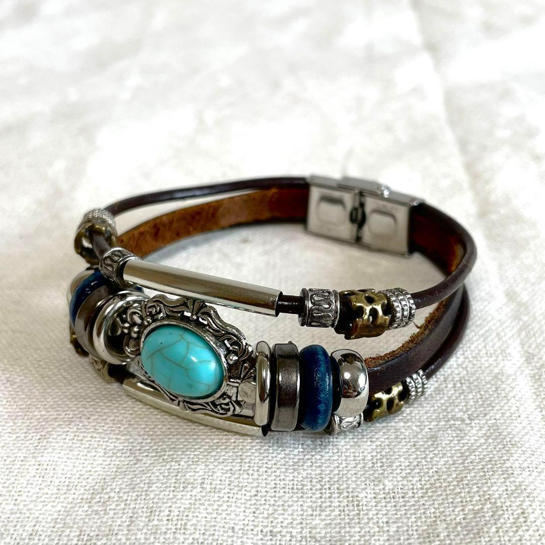 本革(茶)ターコイズブレスレット メンズ/レディース ヴィンテージ ナバホ族 古着拍卖